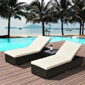 3pc Simulated Rattan Wicker Patio Chaise Lounger Set w/Side Table