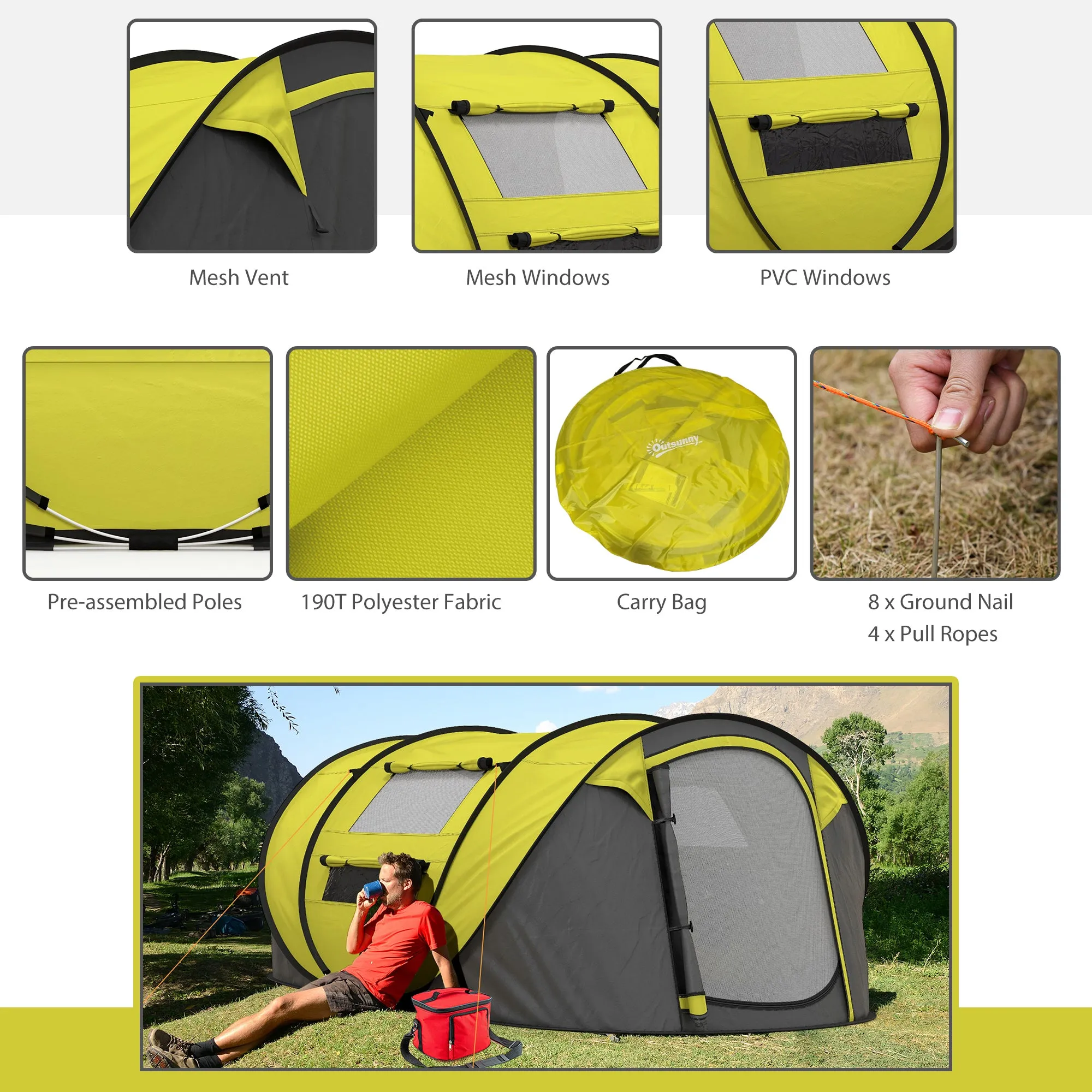 4-5 Person Pop-up Camping Tent Waterproof Family Tent w/ 2 Mesh Windows & PVC Windows Portable Carry Bag for Outdoor Trip, Yellow