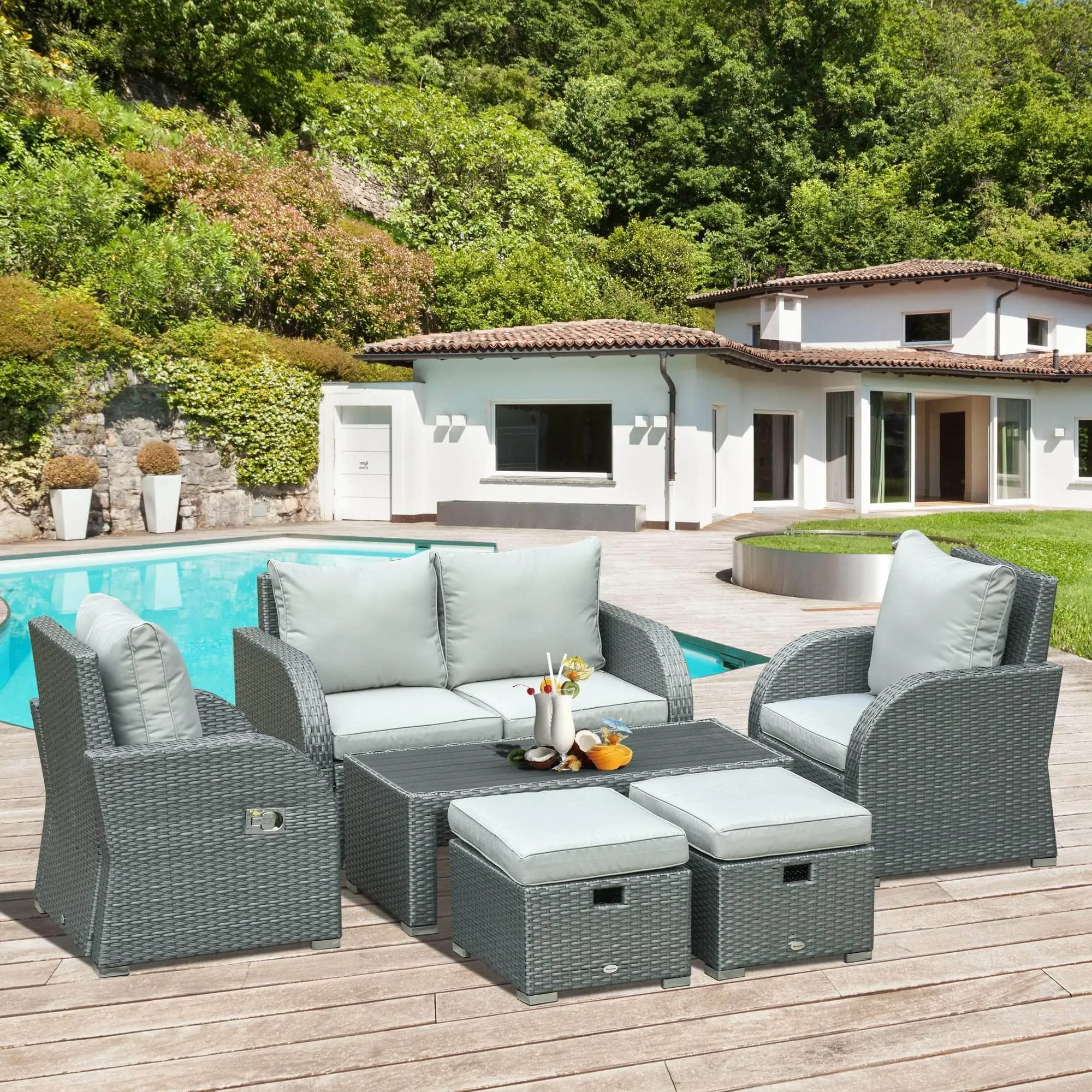 6 Piece Outdoor Patio Rattan Wicker Conversation Set with Reclining Chairs in Grey