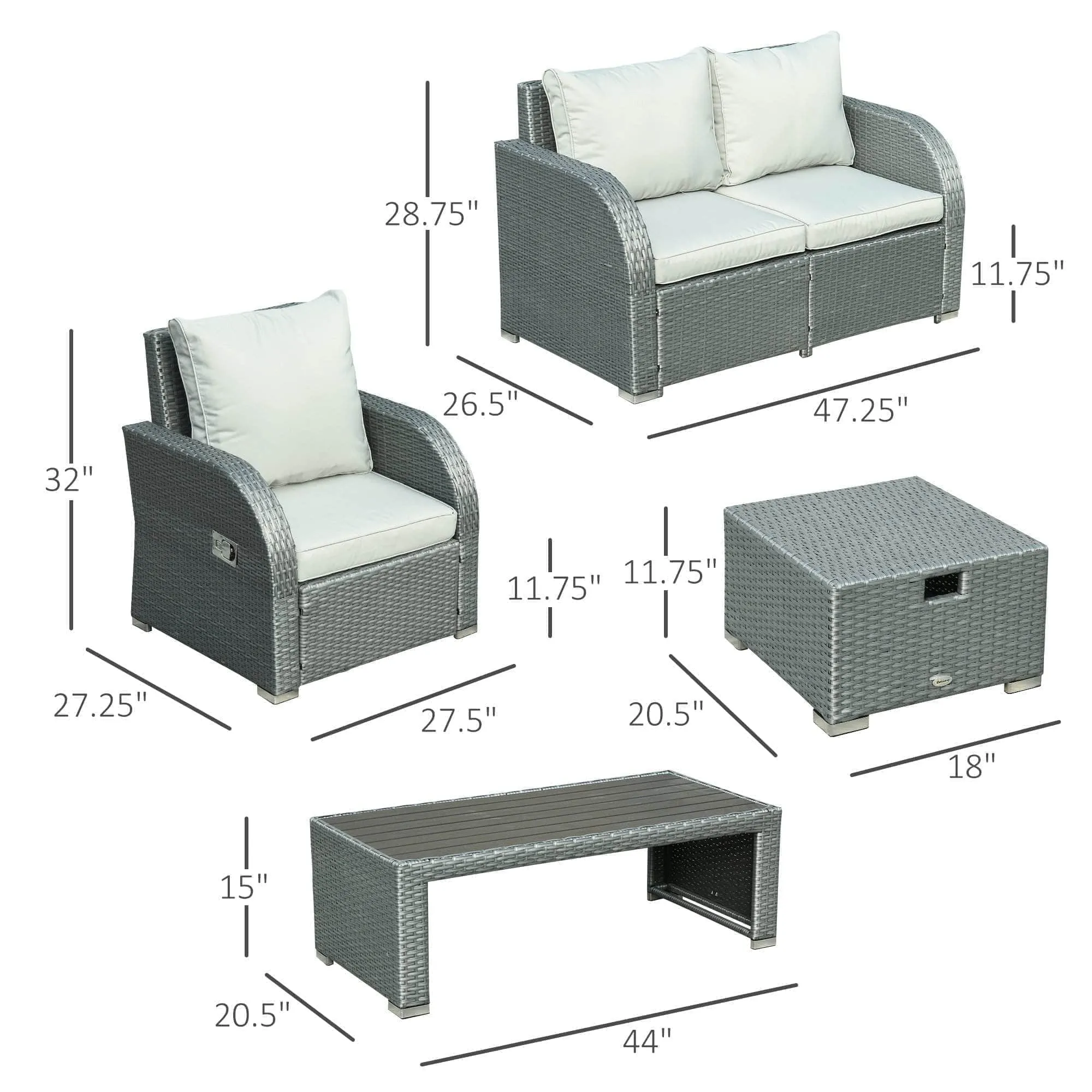 6 Piece Outdoor Patio Rattan Wicker Conversation Set with Reclining Chairs in Grey