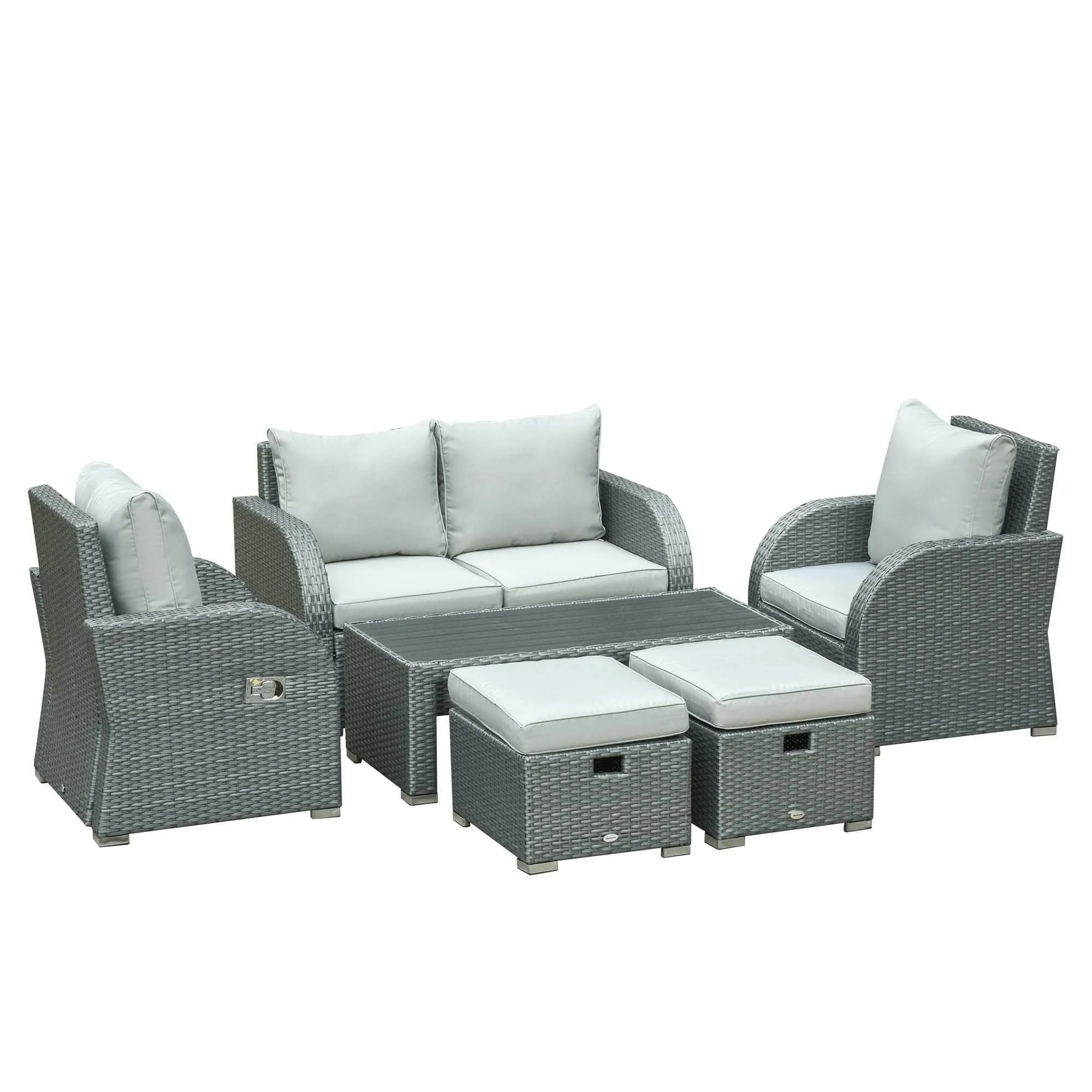 6 Piece Outdoor Patio Rattan Wicker Conversation Set with Reclining Chairs in Grey