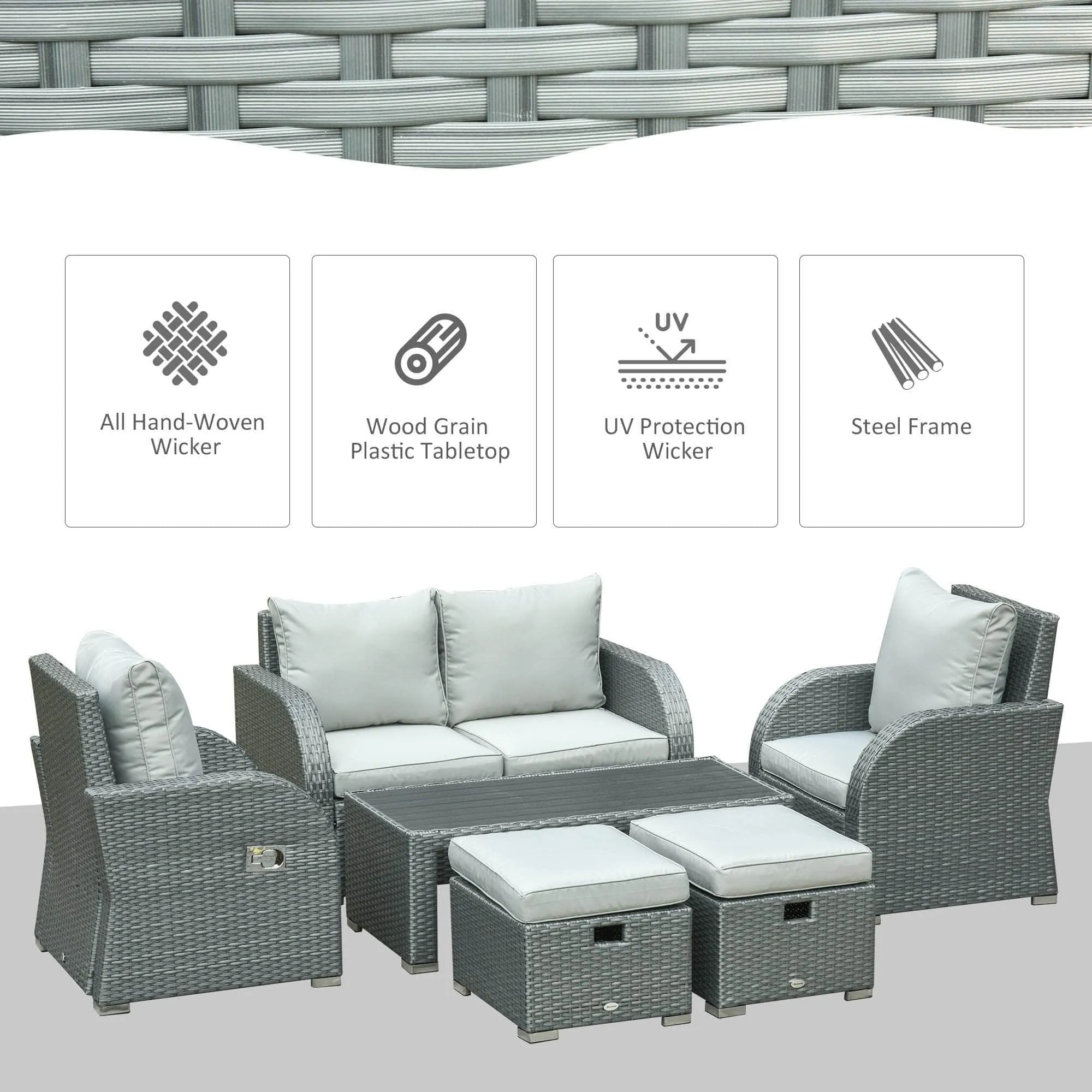 6 Piece Outdoor Patio Rattan Wicker Conversation Set with Reclining Chairs in Grey