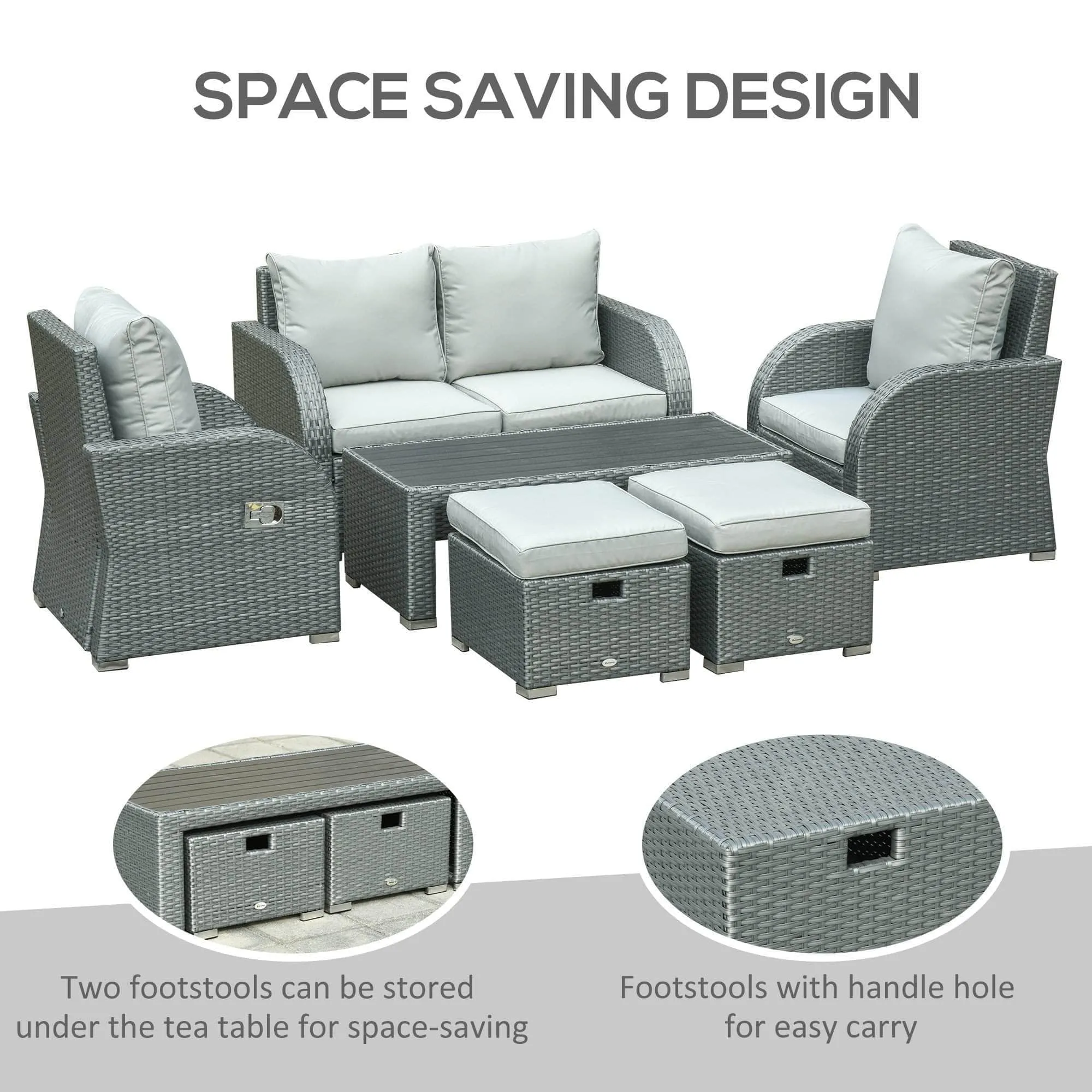 6 Piece Outdoor Patio Rattan Wicker Conversation Set with Reclining Chairs in Grey