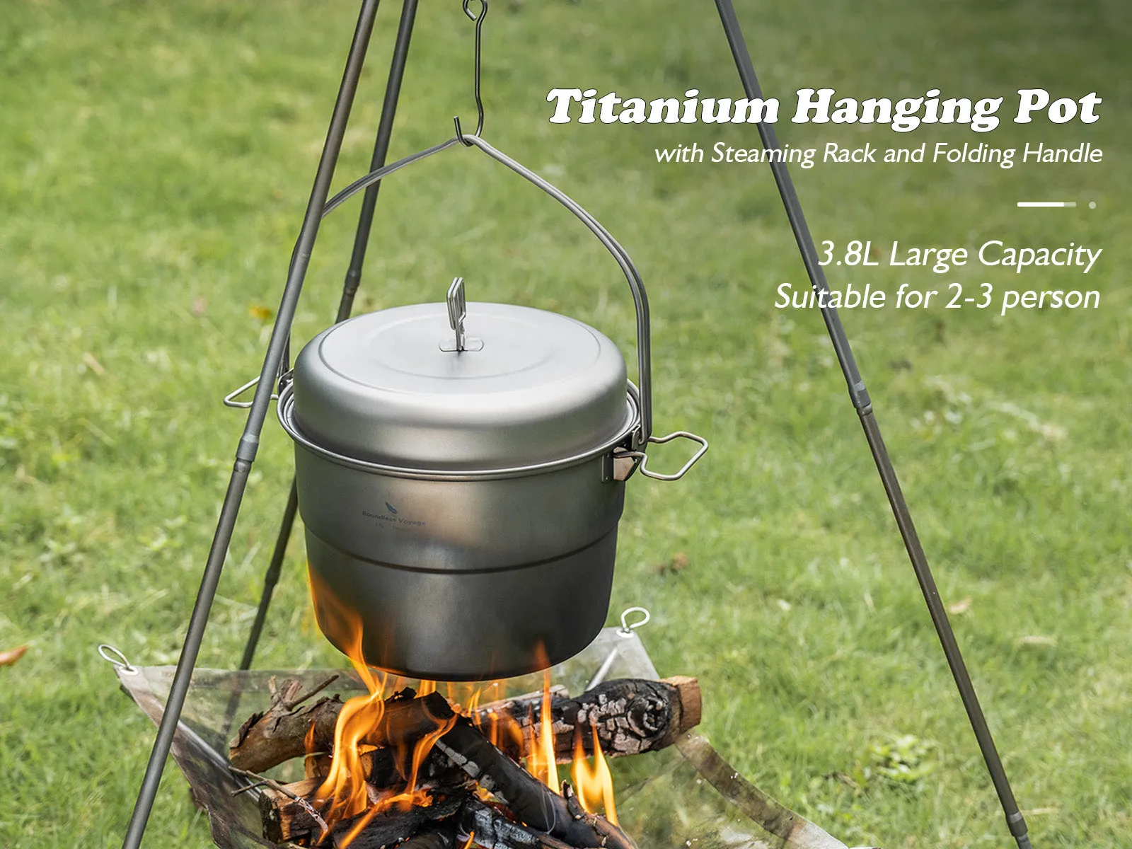 Boundless Voyage 3.8L/128oz Large Pot Titanium Hanging Pot with Food Steam Rack and Folding Handle Camping Cooking Pot Stock Pot for Camping Outdoors Home