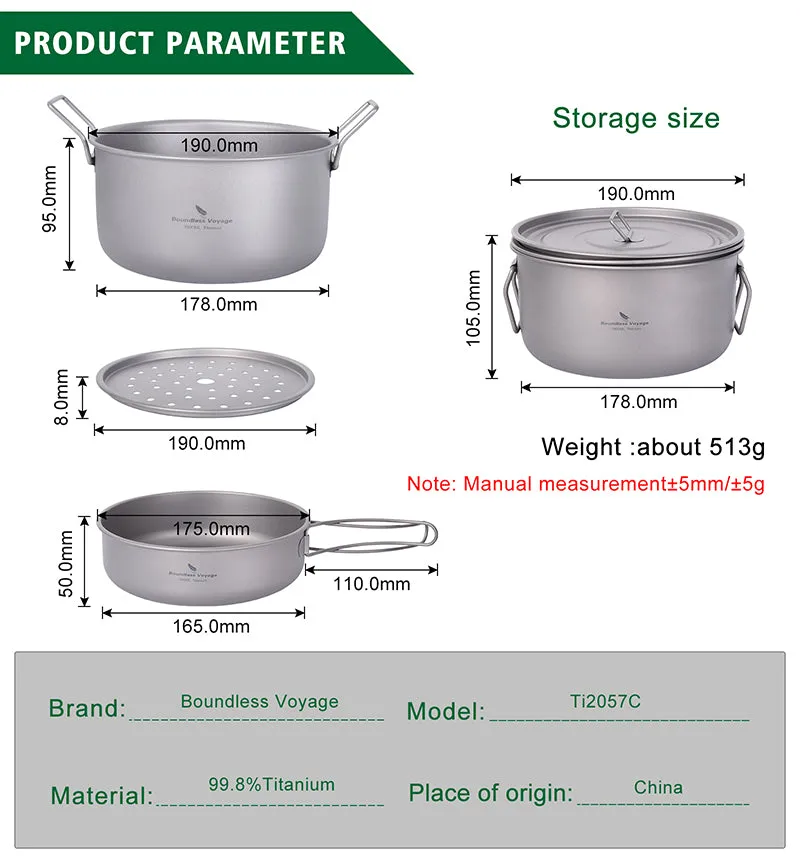 Boundless Voyage Multifunctional Titanium Steamer Soup Pot Frying Pan Set with Lid Outdoor Camping Wok Tea Tray Saucepan Mess Kit