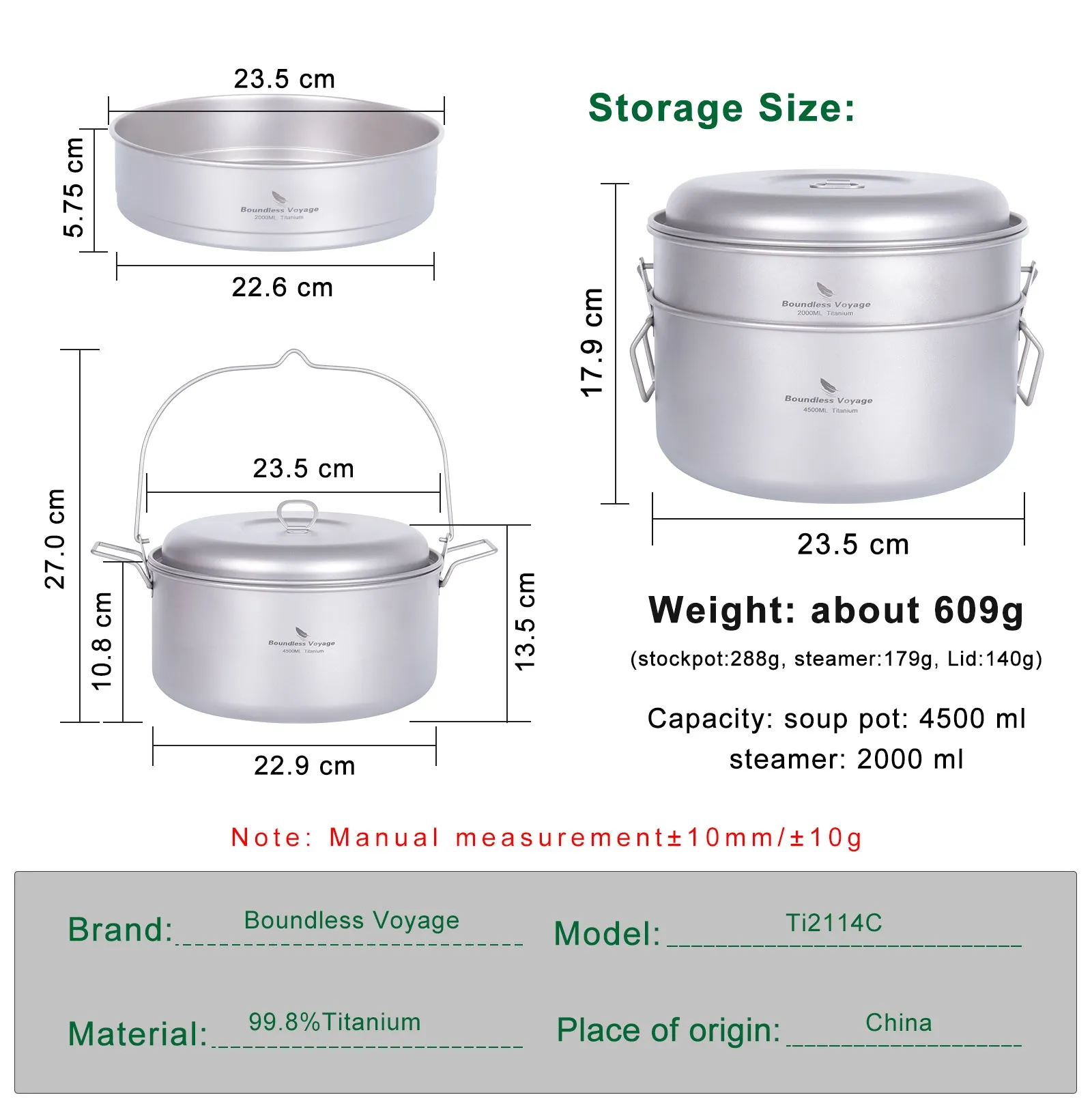 Boundless Voyage Titanium Steamer Soup Pot 4.5L  2L Outdoor Camping Cookware Lightweight Picnic Hiking Hanging Pot Portable Travel Household Kitchenware Cooking Kit Hot Pot For 3-5 Person