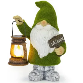 Flocked Welcome Gnome With Lantern Solar Powered Led Outdoor Decor Garden Light