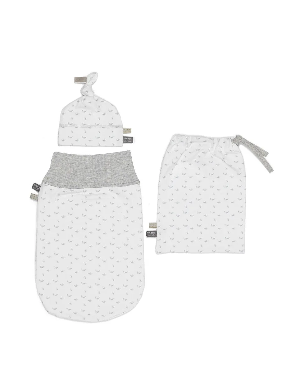 Snoozebaby Set new born cocoon 0-3 months incl hat & bag in - birds light grey