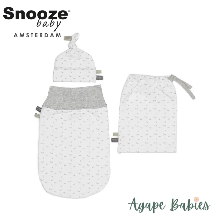 Snoozebaby Set new born cocoon 0-3 months incl hat & bag in - birds light grey