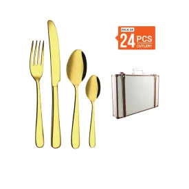 Stainless Steel 24 PCS Cutlery Set (6 Pcs Tea Spoon, 6 Pcs Dessert Spoon, 6 Pcs Dessert Fork and 6 Pcs Dessert Knife) with Leather Box and Gold PVD Monika