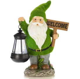 VP Home Welcome Flocked Gnome with Lantern Solar Powered LED Outdoor Decor Garden