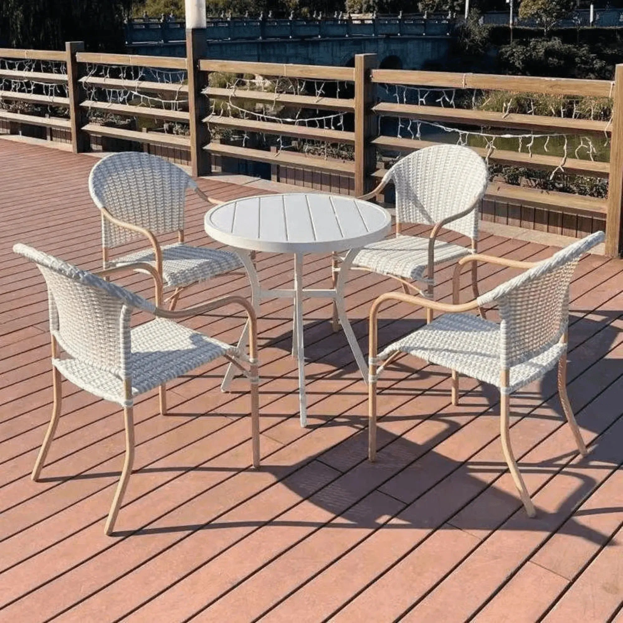 Wooden Twist WPC Alloy Aluminum 4 Seater Round Dining Table Set for Outdoor Furniture Premium Patio Dining and Elegant Garden Seating