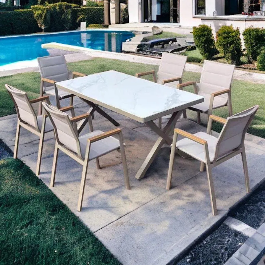 Wooden Twist WPC Alloy Aluminum 6 Seater Rectangular Dining Table Set for Outdoor Furniture Premium Patio Dining and Elegant Garden Seating