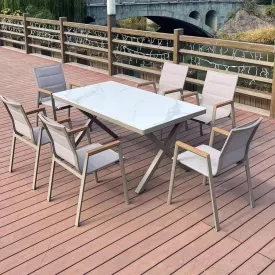 Wooden Twist WPC Alloy Aluminum 6 Seater Rectangular Dining Table Set for Outdoor Furniture Premium Patio Dining and Elegant Garden Seating